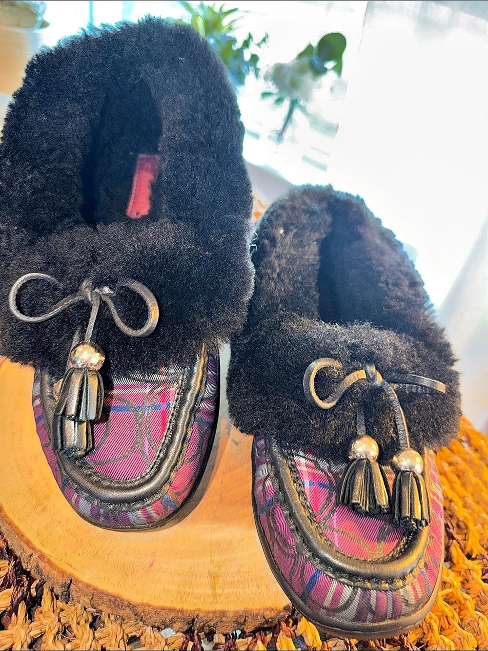 Coach Holly Signature Shearling Loafer Slipper Mules Black & Pink